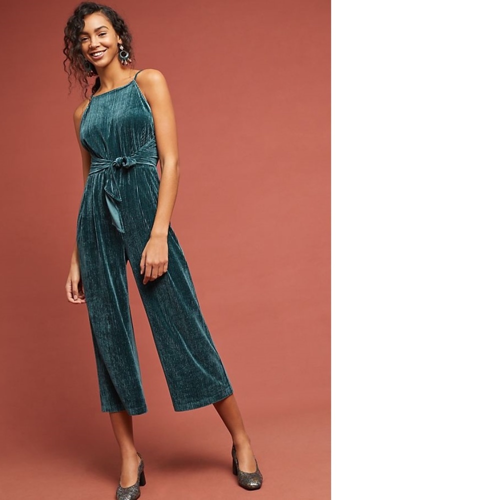 Anthropologie EVELYN VELVET TIE-FRONT JUMPSUIT new SIZE XL nwt green color - Picture 2 of 6
